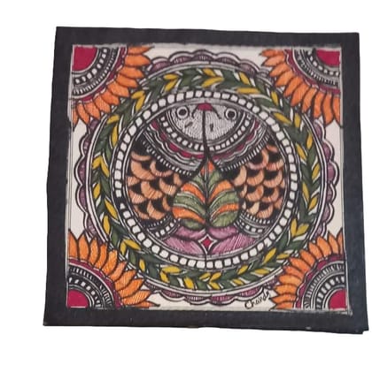Handcrafted Madhwani Painting on Handmade Paper - Vibrant Natural Colors, Unique Fish & Floral Design, 7.5x7.5 Inches