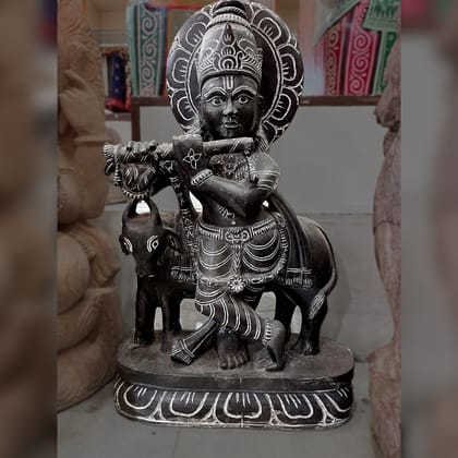 Lord Krishna with cow granite stone statue