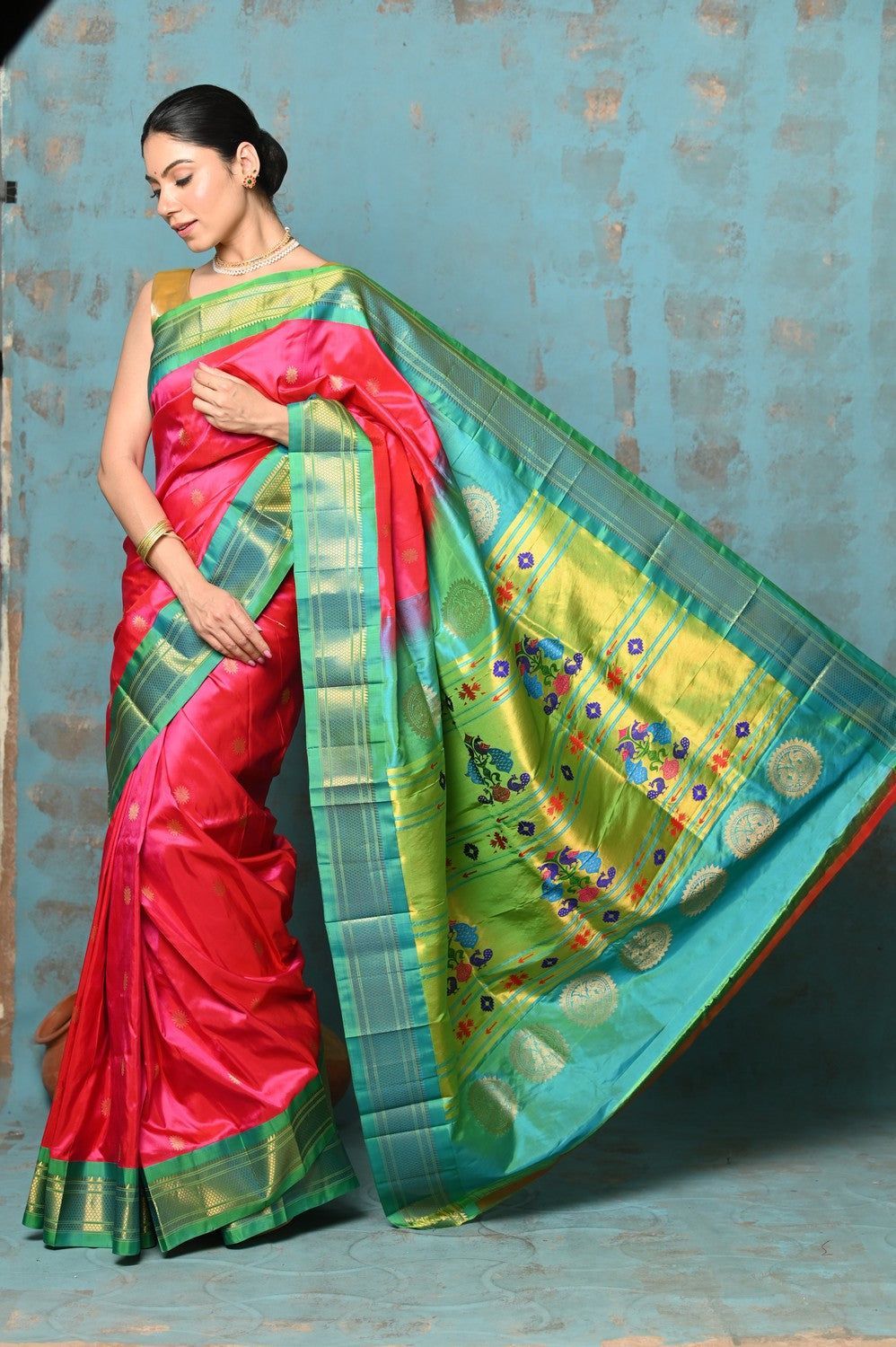 Tyohaar ~ Exclusive Handloom Pure Silk Paithani With Contrast Pallu ~ Crimson Red & Green