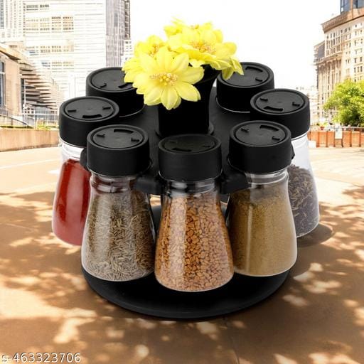 Plastic Big Revolving Spice Rack 8 In 1 Masala Rack Set (Black)