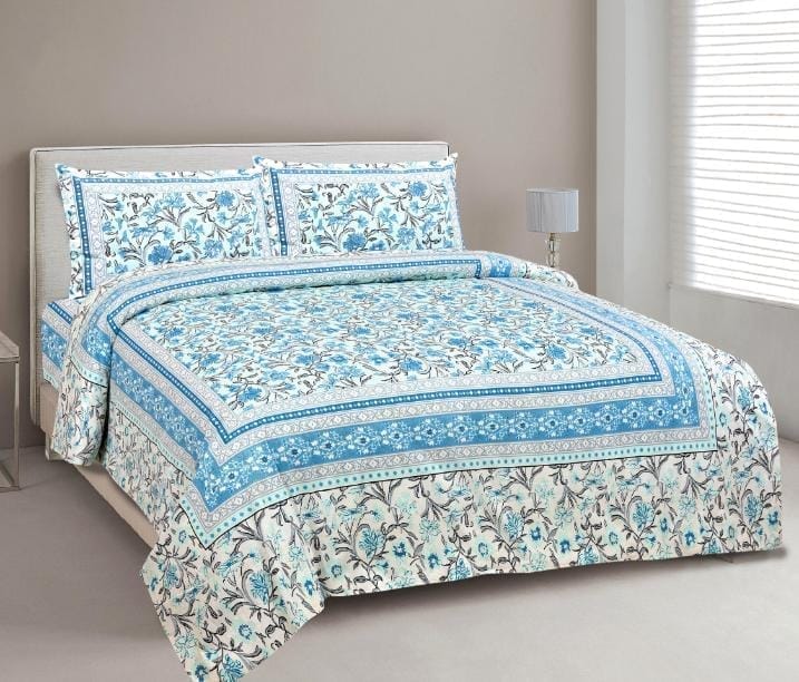 3001-Hometrade India-Standard King Size (90*108 Inches)-Pure Cotton Jaipuri Double Bedsheet With Matching Pillow Cover
