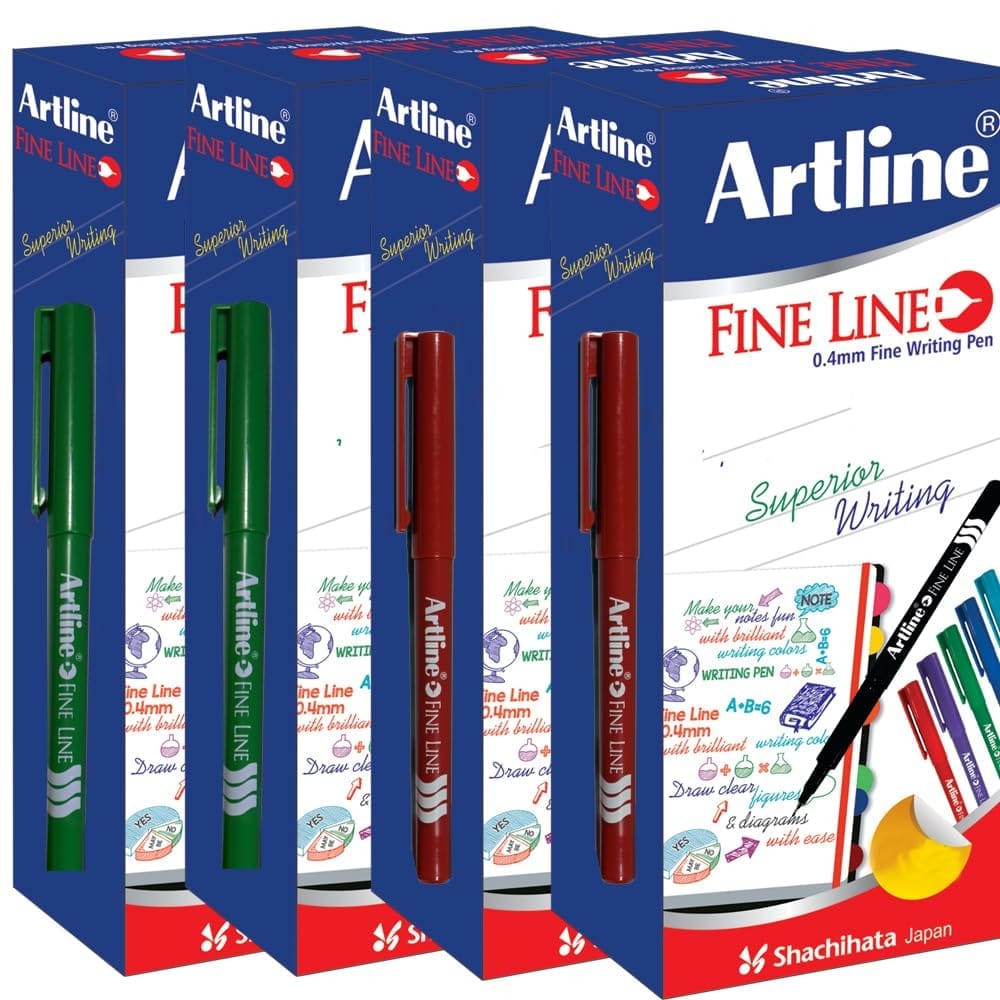 Artline Fine Line Pen Pack of 10 (Red X 2, Green X 2 Packs) of Box 4 | For Superior Writing by Artists, Designers, and Students