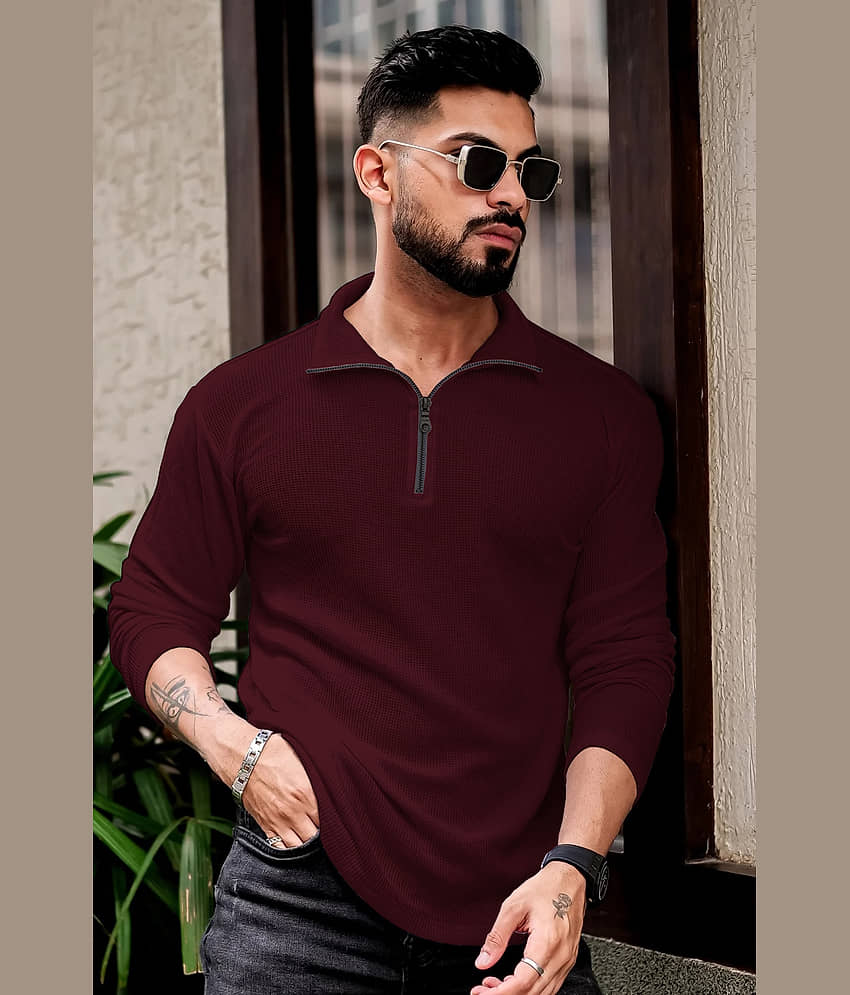 Parona Cotton Blend Regular Fit Solid Full Sleeves Men's High Neck T-Shirt - Wine ( Pack of 1 )