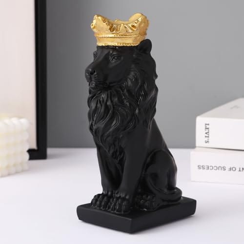 Decorative Crown Lion King Statue Showpiece Sculpture Animal Figurines (Black, Resin, 9 cm x 18 cm) Idol for Home