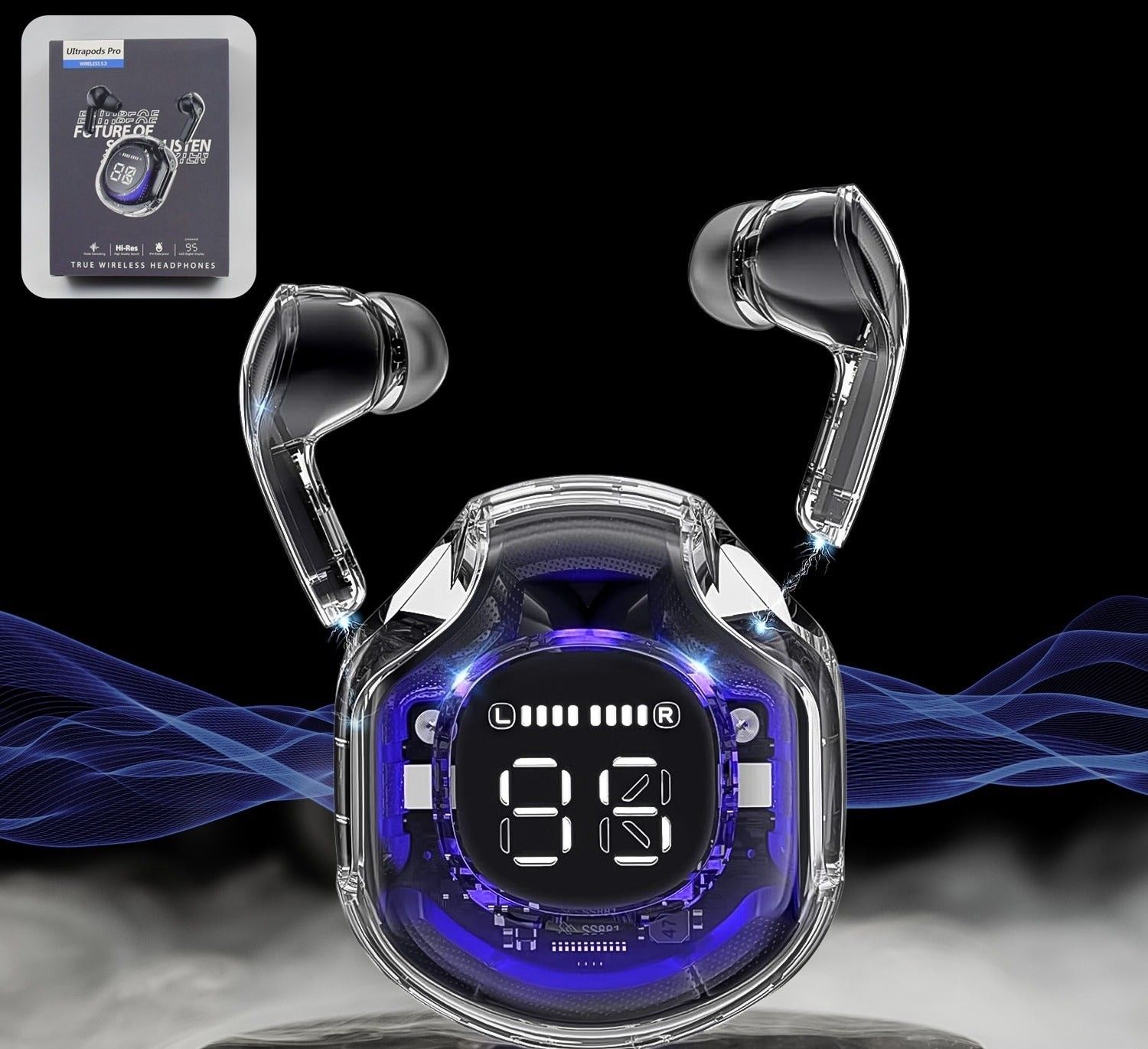 Wireless Bluetooth 5.3 Earbuds with ENC Noise Cancellation, Dual Microphones, 200mAh Battery, Transparent LED Display In-Ear Earphones