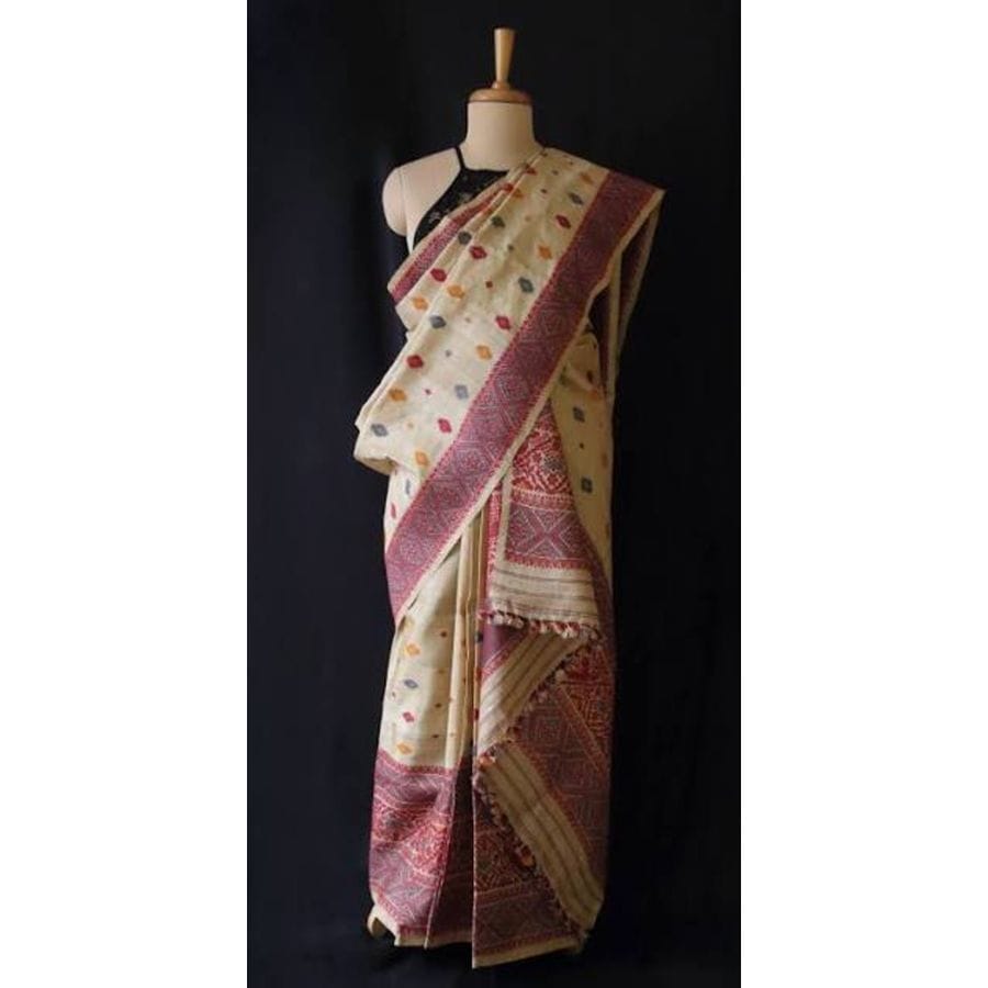 Traditional Woven Off-White Saree with Red Border