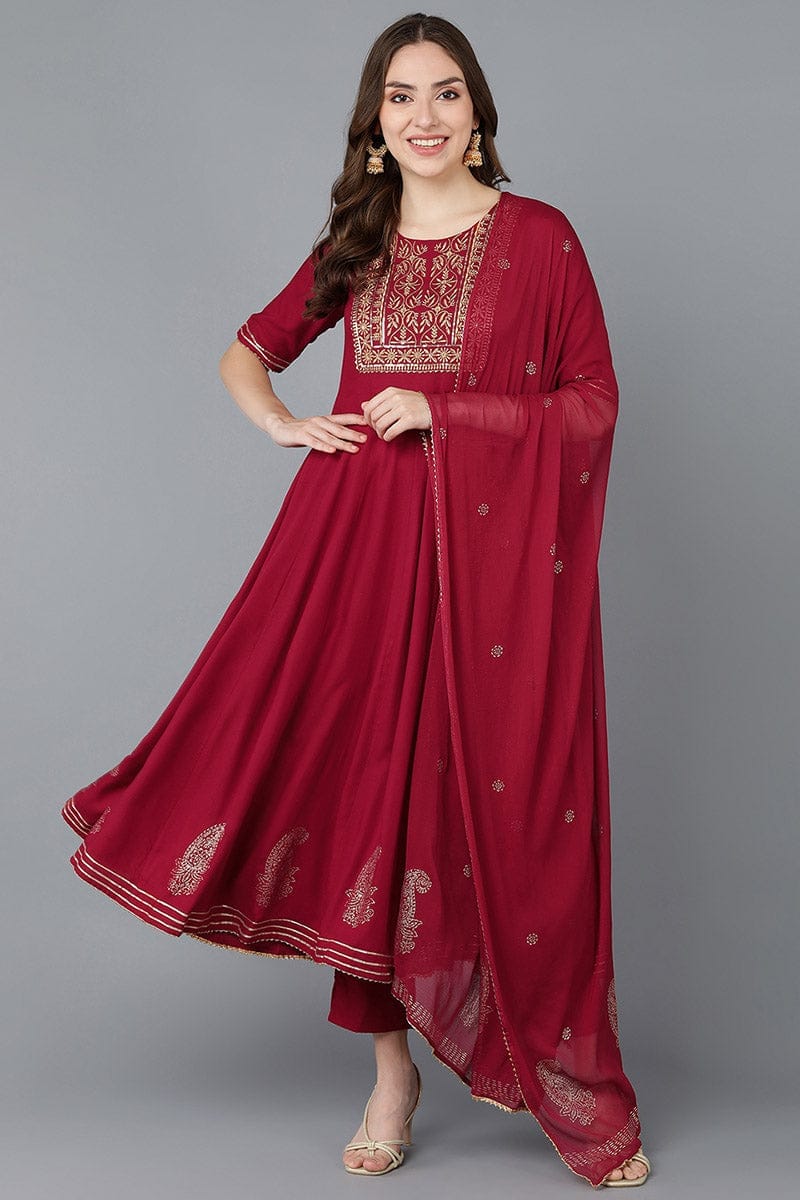 Maroon Silk Blend Anarkali Suit Set VKSKD1481