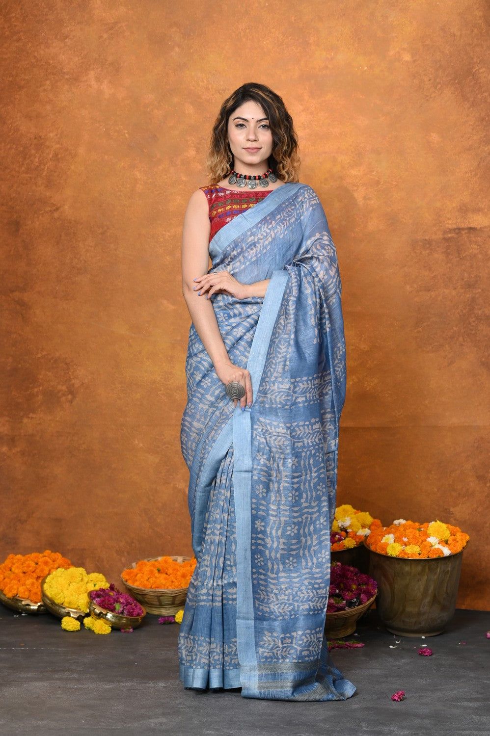 Designed By VMI~ Handloom Pure Organic Natural Linen Silk Saree with Allover Handblock Print ~ Powder Blue
