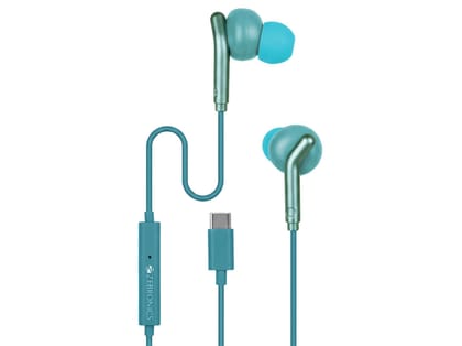 Zebronics Type-C Wired Earphones, in-Line MIC, Deep Bass, 1.2m Cable, 10mm Neodymium Driver, Light Weight, in-Ear Design, Compatible with Mobile - Green