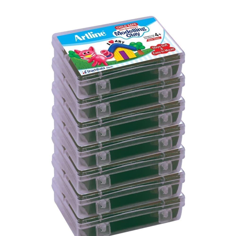 Artline Modelling Clay 150GM (7 Plastic Container Singles) Dark Green Colour X 7 | Soft & Easy to Bend or Shape, for Young Hands