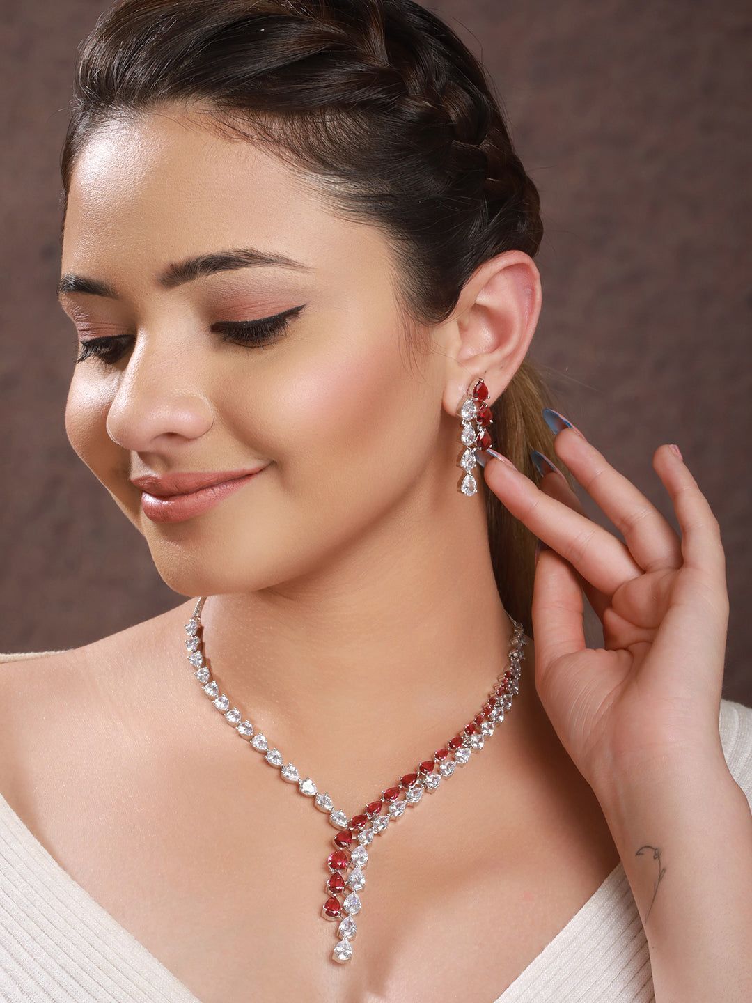 Silver Toned Red CZ Statement Designer Necklace Jewellery Set