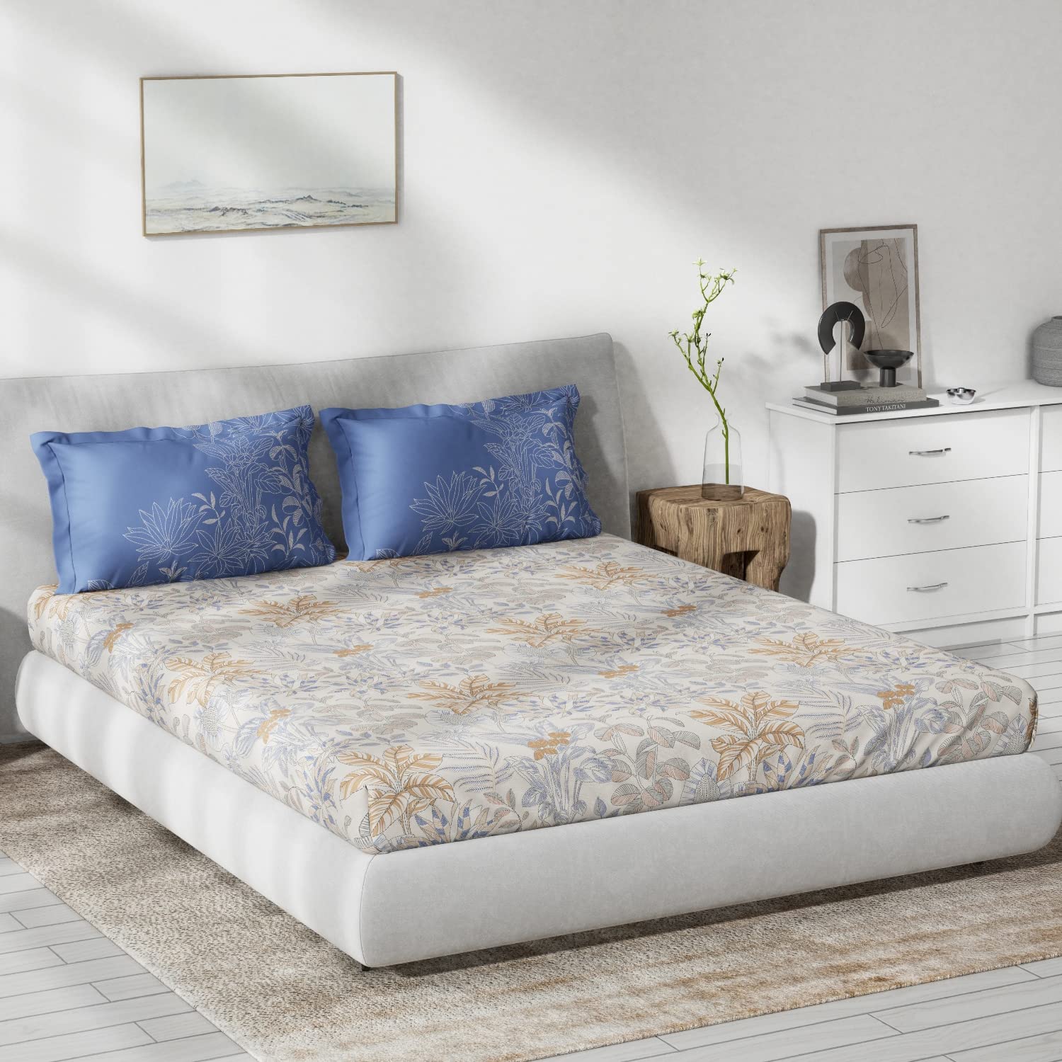 DDECOR - Primary Collection 100% Cotton Leaves Pattern 136TC King Bedsheet |229 CM X 274 CM| Blue