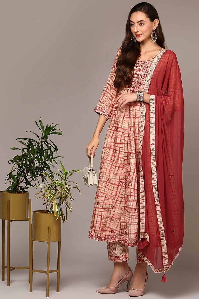 Plus Size Beige Silk Blend Printed Flared Suit Set VKSKD1959
