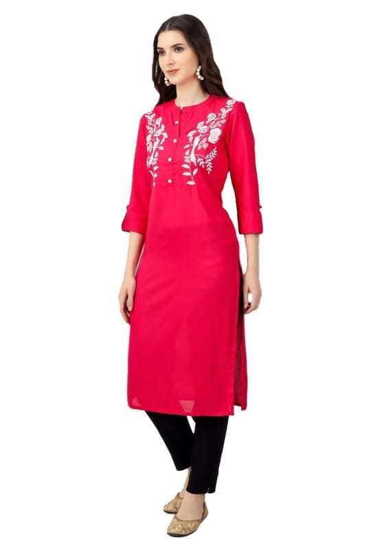Women's Embroidered Calf Length Rayon Kurti (Pink, 2XL)-PID46337
