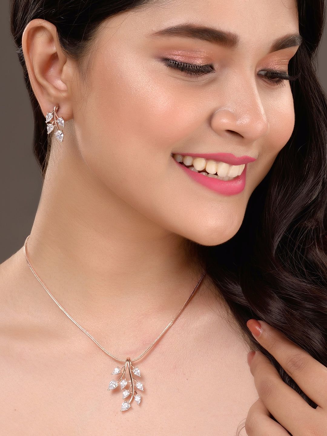 Rose Gold Plated White AD Studded Leaf Design Locket Jewellery Set