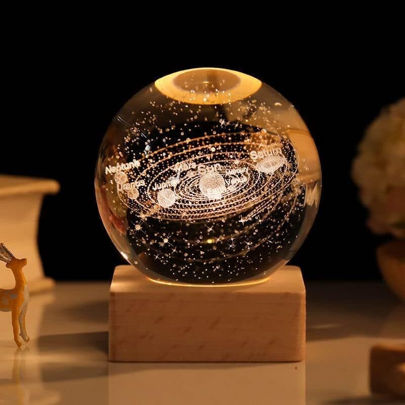 SPARKWORLD Crystal Ball Solar System Decorative LED Light 3D Engraved Glass Sphere with Wooden Base | Night Lamp & Desk Decor | Pack of 1 | Size: 2 cm