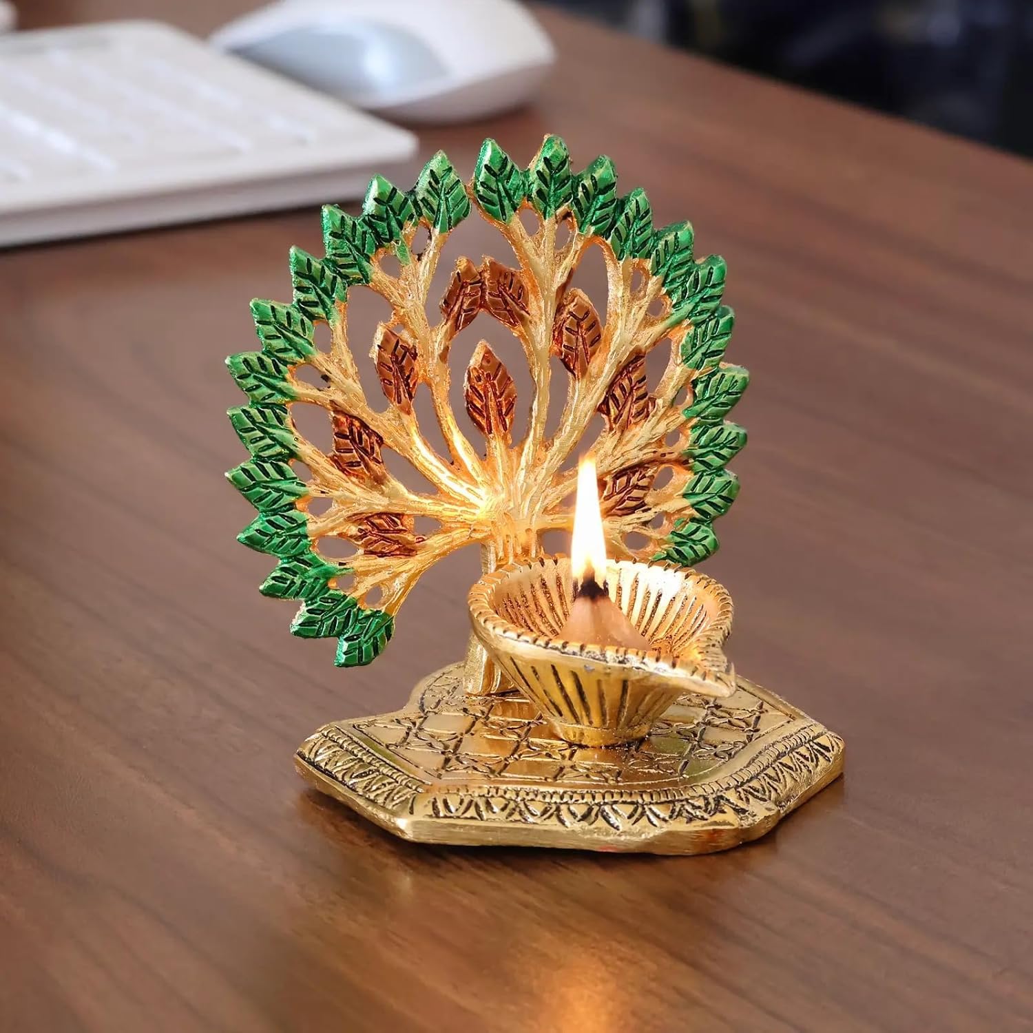 Decorative Diya with Leaf Backdrop - White Metal Gold Finish Oil Lamp for Diwali, Home Mandir, Office & Gift - Compact Vastu Diya for Pooja Decoration (10 x 8 x 10 cm)