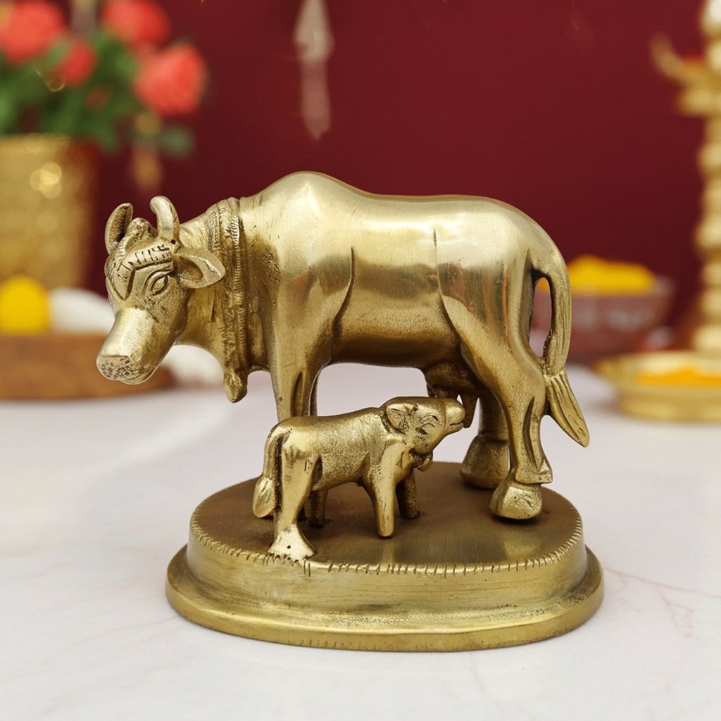 Handcrafted Brass Cow and Calf  - Religious Showpiece for Home Decor, Height : 3 Inch (BSMAS391 A)