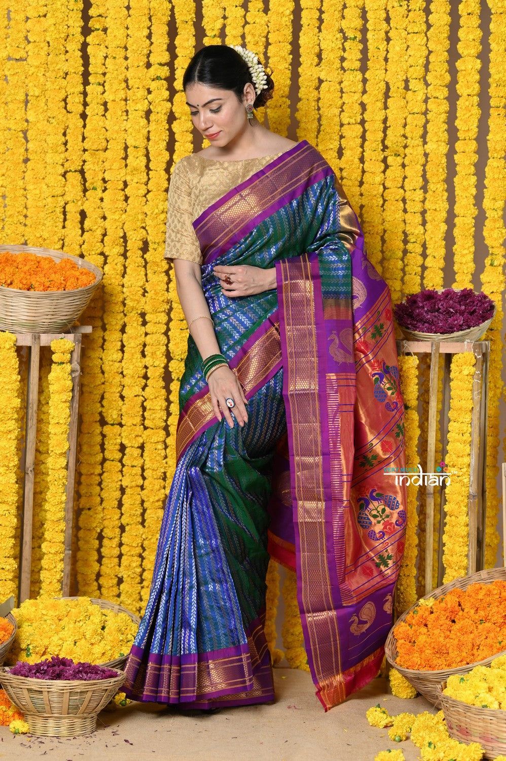 Rajsi~ Handloom Pure Silk Maharani Paithani With Overall Brocade~ Cerulean Blue with Violet