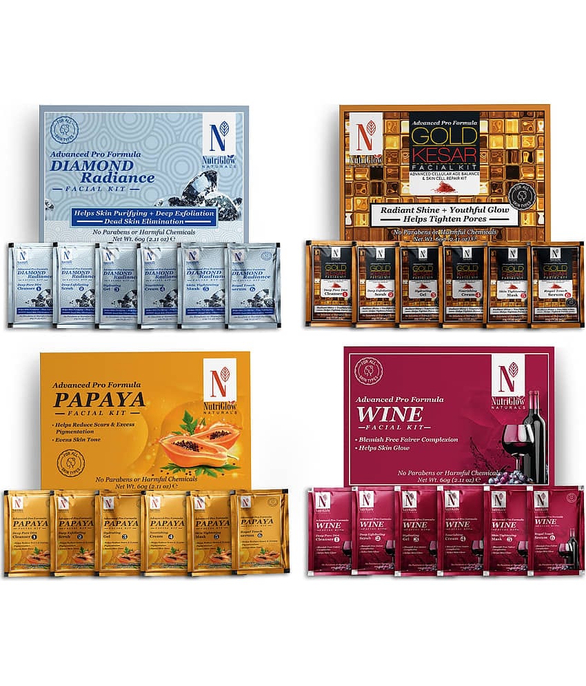 NutriGlow NATURAL'S Advance Pro Formula Diamond Radiance,Gold Kesar,Papaya,Wine Facial kit For Skin Cell Repair, Reduce Scars, 60gm Each, Pack of 4