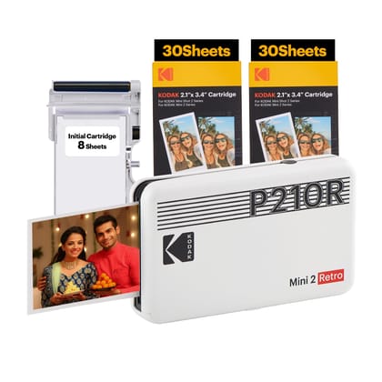 KODAK Mini 2 Retro 4PASS Portable Photo Colour Printer (2.1x3.4 inches) + 68 Sheets Bundle, White KODAK Mini 2 Retro 4PASS Portable Photo Colour Printer (2.1x3.4 inches) + 68 Sheets Bundle, White - White / Printer + 68 Sheets Bundle