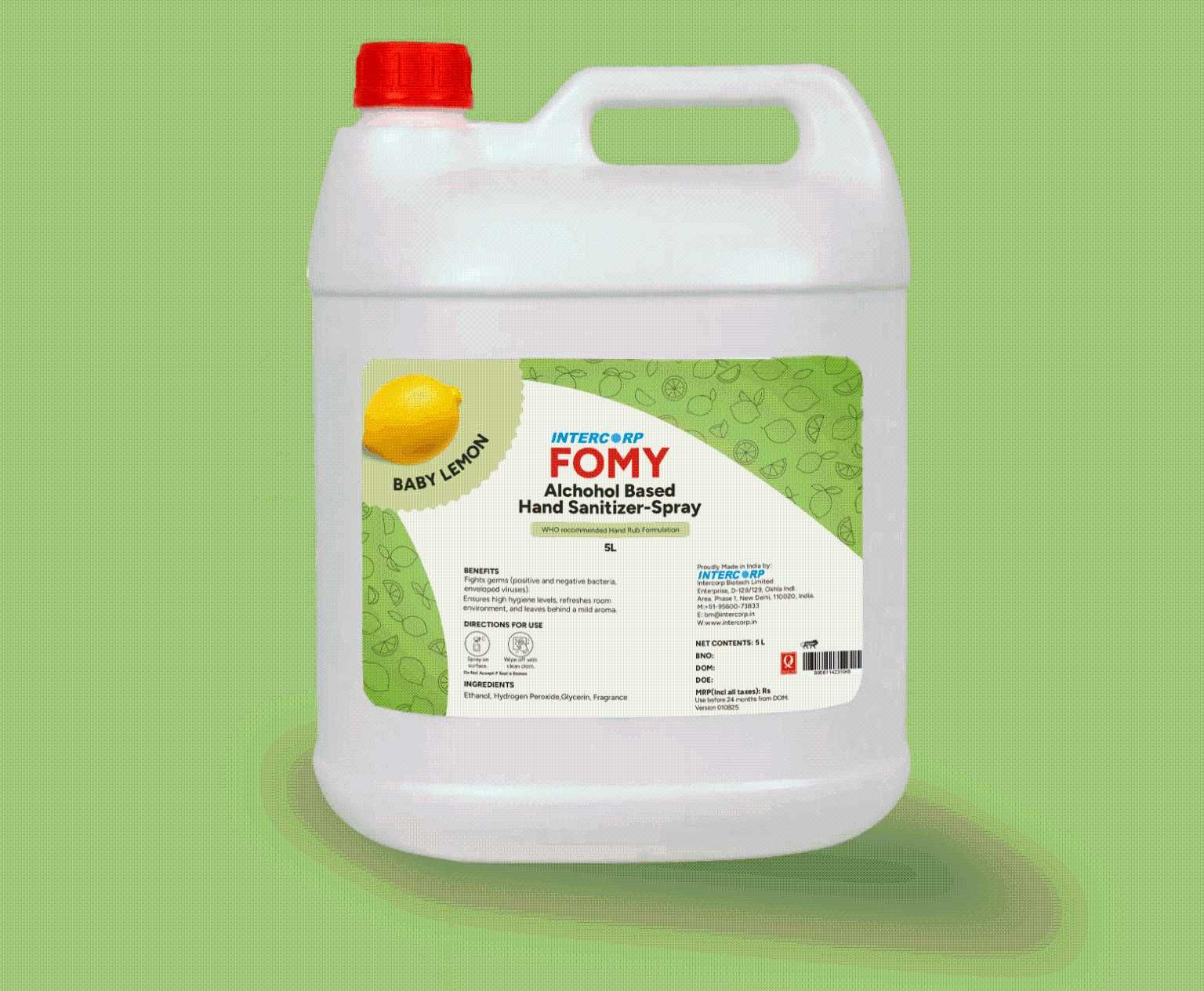 Intercorp Fomy 75% Isopropyl Alcohol-based Hand Rub Sanitizer and Disinfectant, Jumbo Saver Pack - 5 Litre (Lemon)