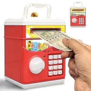 Braintastic ATM Bank for Kids, Battery Operated, Password Protected, Auto Door with Light and Music (Red)