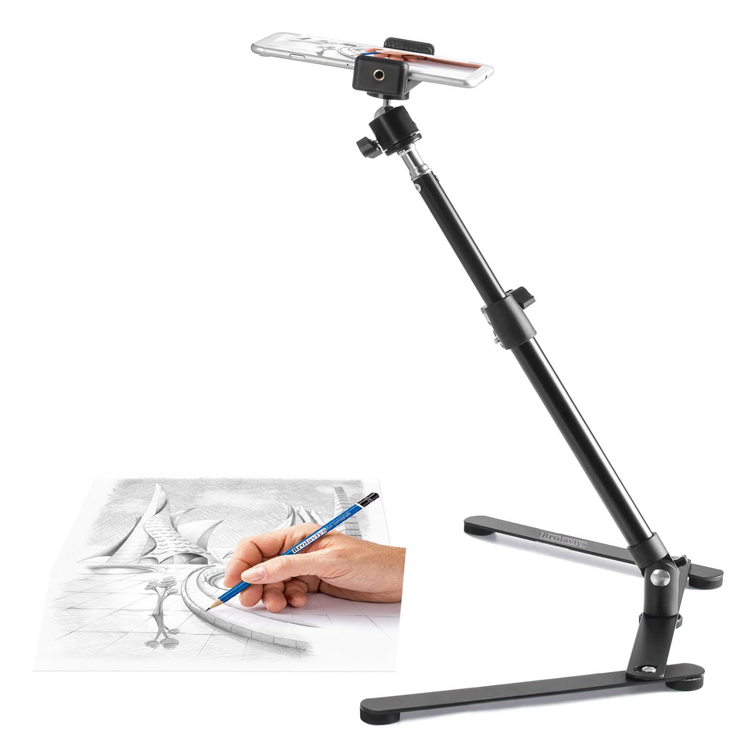 BROLAVIYA Overhead Video Mobile Metal desktop Stand with 1/4" Male Adaptor for Camera,Gopro and Mobile Bracket for online teaching,Video,Desktop,Bedroom, Office Black / Medium-Table Top