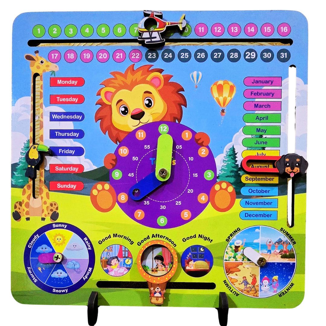 Toyjos Kids Wooden Calendar Clock With Stand | Lion Themed Montessori 7 in 1 Early Learning Board Game | BIS Certified Preschool Learning Educational Toys Birthday Gift for Boys, Girls (Age 3-6 Years)