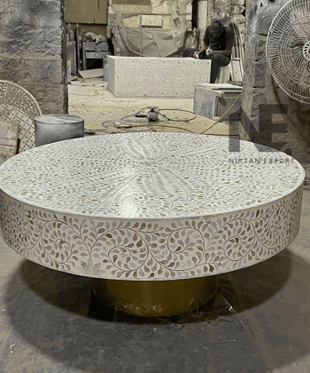 White Floral Mother of Pearl Round Coffee Table with Brass Leg – Handcrafted Luxury Center Table