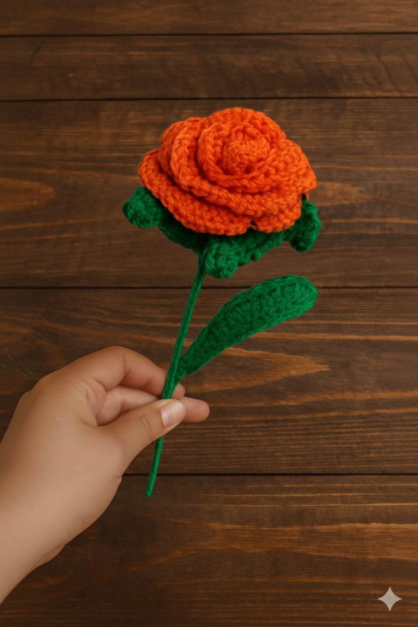 Laxmi Creations Handmade Crochet Rose – Red & Green | 12.5" Decorative Rose | Nylon Thread Flower with Wire Stem