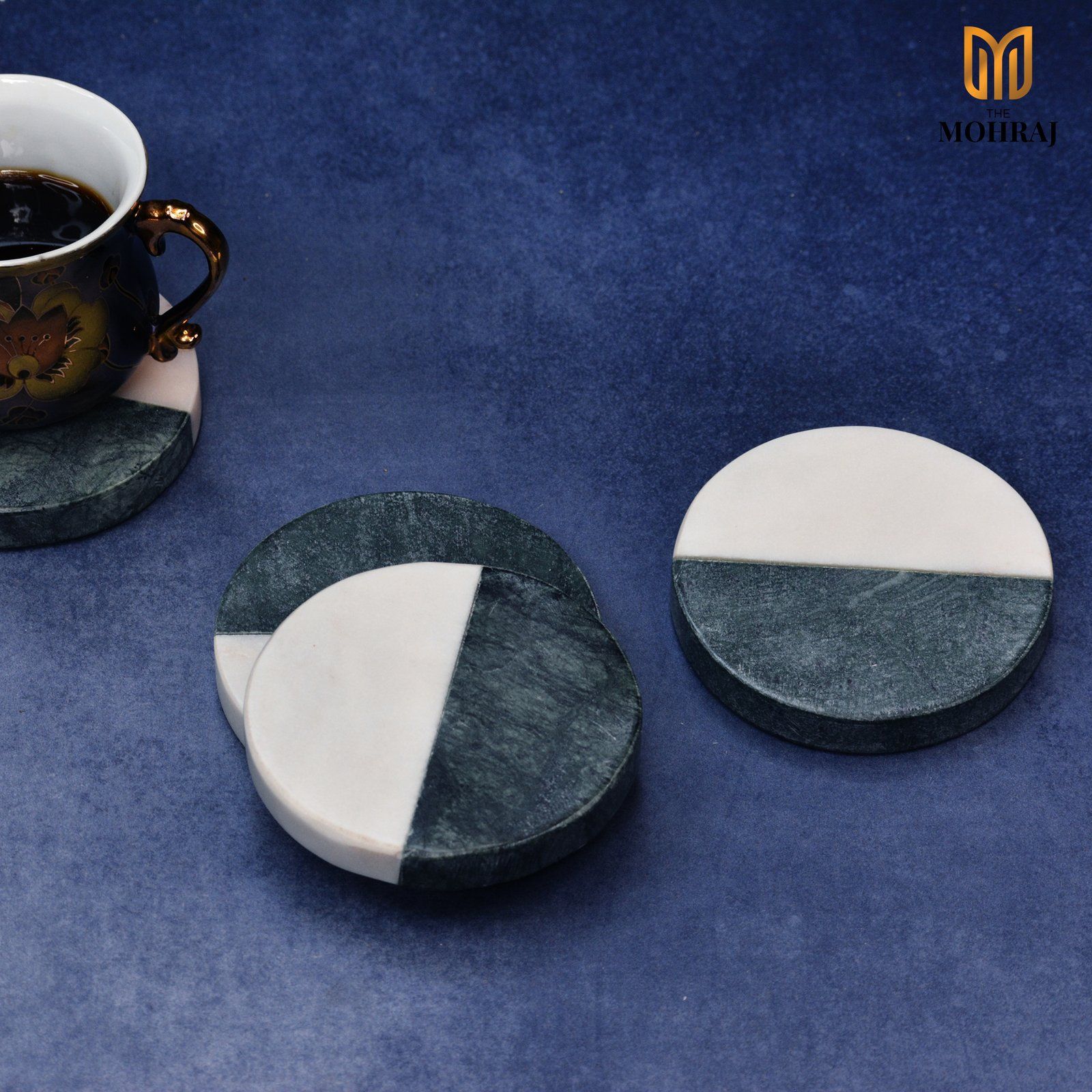 The Mohraj Green White Indian Round Marble Coasters Set of 4