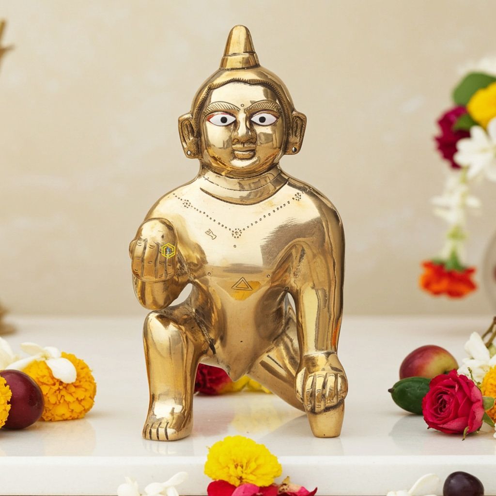 Brass Laddu Gopal God Idol Statue - Handcrafted Bal Gopal Murti, Height : 13 Inch (BSMAS871 G)
