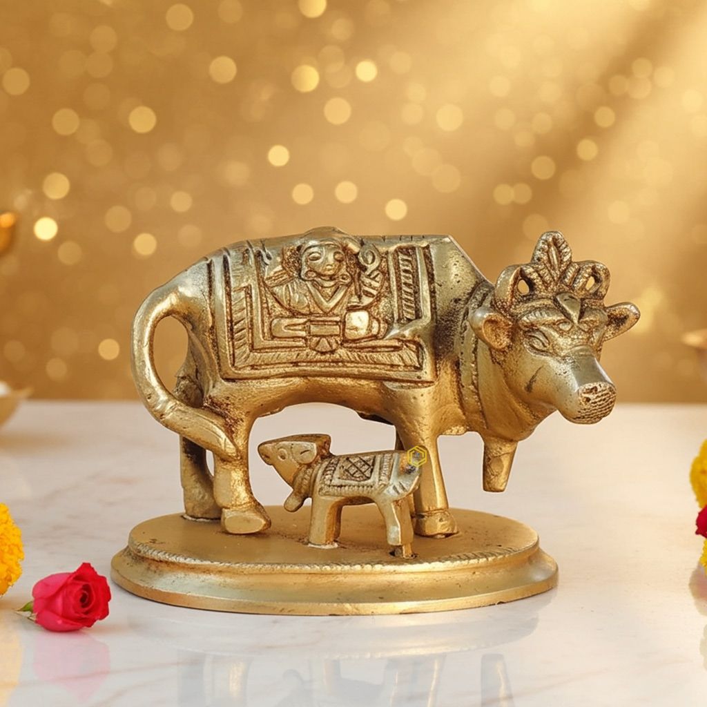 Brass Cow & Calf Idol - Religious Home Showpiece, Height : 2.5 Inch (BSMAS1471 D)
