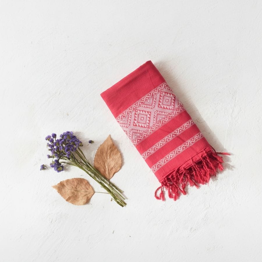 Hand-Embroidered Red Geometric Tassel Dupatta