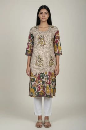 Pedana Kalamkari Screen-Print Cotton Kurti with Vine Border Pedana Kalamkari Screen-Print Cotton Kurti with Vine Border