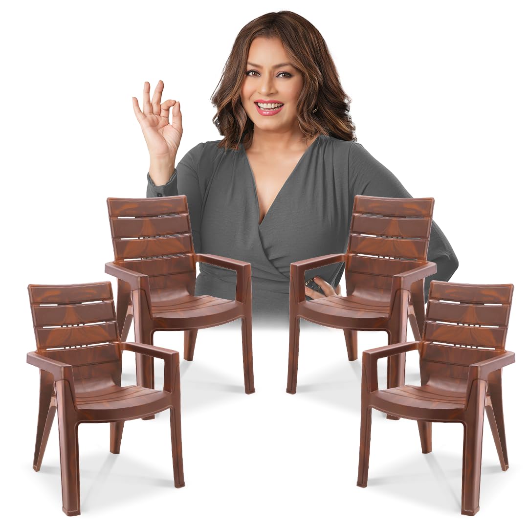 Maharaja Plastic Chair Set, Plastic Chair for Home, Living Room, Matt & Gloss Chair with Arm Rest, Bearing Capacity Up to 200Kg, Strong and Sturdy Structure. (Teakwood., Pack of 4)