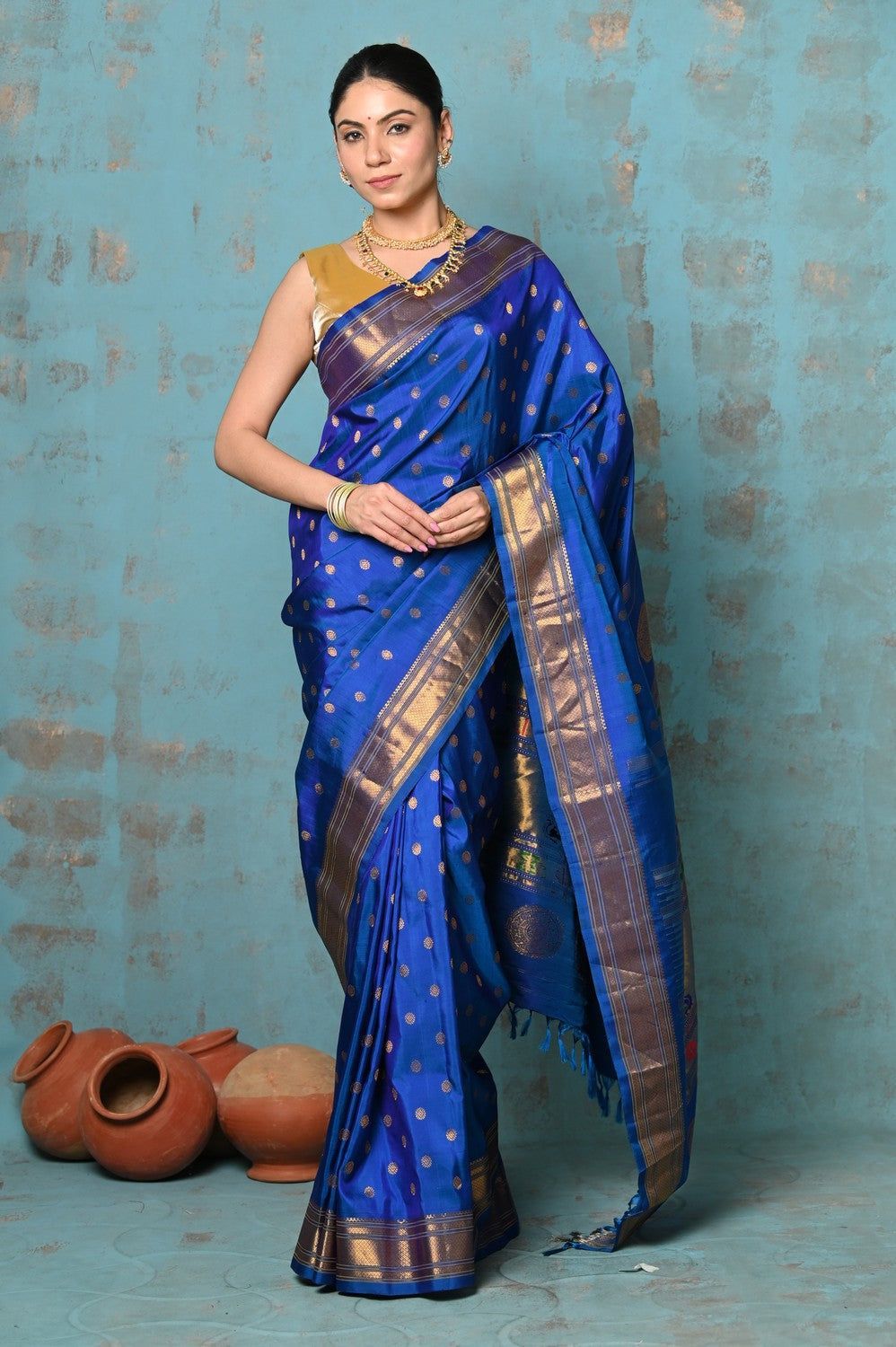 Tyohaar ~ Exclusive Handloom Pure Silk Paithani With Contrast Pallu ~ Indigo Blue