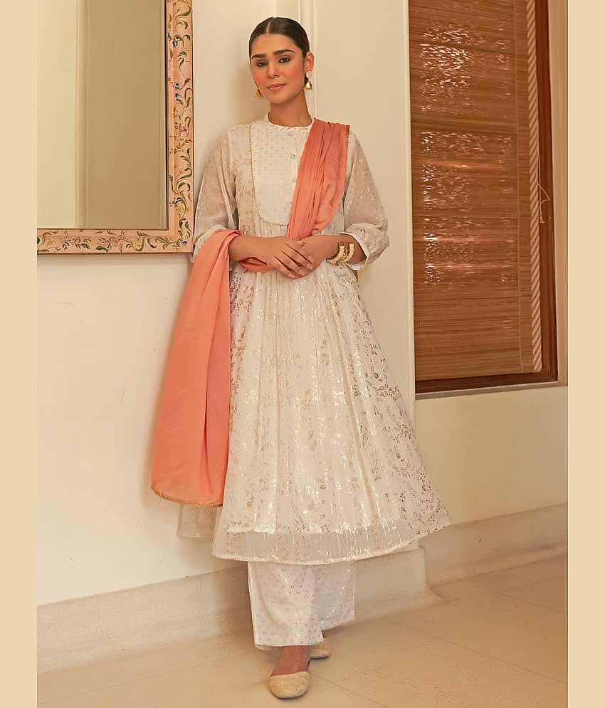 Janasya Chiffon Printed Kurti With Palazzo Women's Stitched Salwar Suit - White ( Pack of 1 )