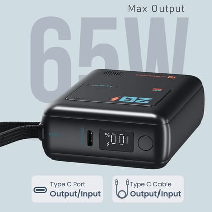Portronics Aqua 65W 20000 mAh Fast Charging Power Bank with Built-in Type-C Cable, PD Type-C Input & Output, LED Digital Display, Dual Device Charging, Compatible with Laptops, MacBook, iPhone All Series, Android Phones & Tablets (Random Color)