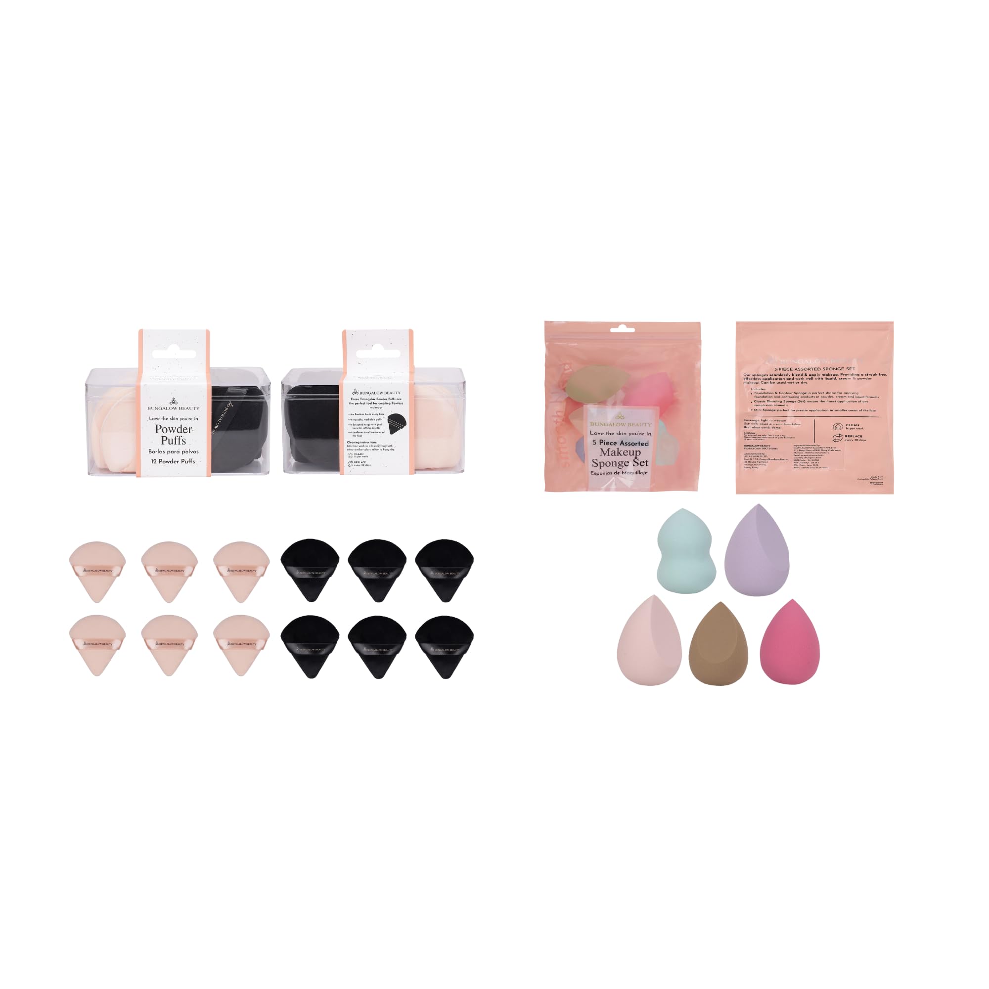 BUNGALOW BEAUTY Powder Puff set of 12 pcs | Makeup Blending Sponges Set of 5 | Eyeshadow, Lipstick, Blush, Highlighter, Bronzer, Concealer Sponges