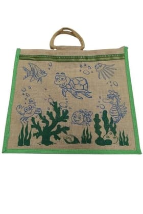 PALAK SAXENA Jute Bag for Shopping - Printed Jute Bag | Shoulder Bag | Shoppers Tote | Grocery Bag | Eco Friendly Bags for Shopping - Cute & Quirky Collection (Tortoise, Fish - Green)