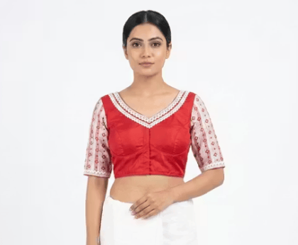 Red Cotton V-Neck Printed Sleeve Designer Blouse for Women