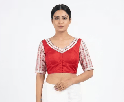 Red Cotton V-Neck Printed Sleeve Designer Blouse for Women