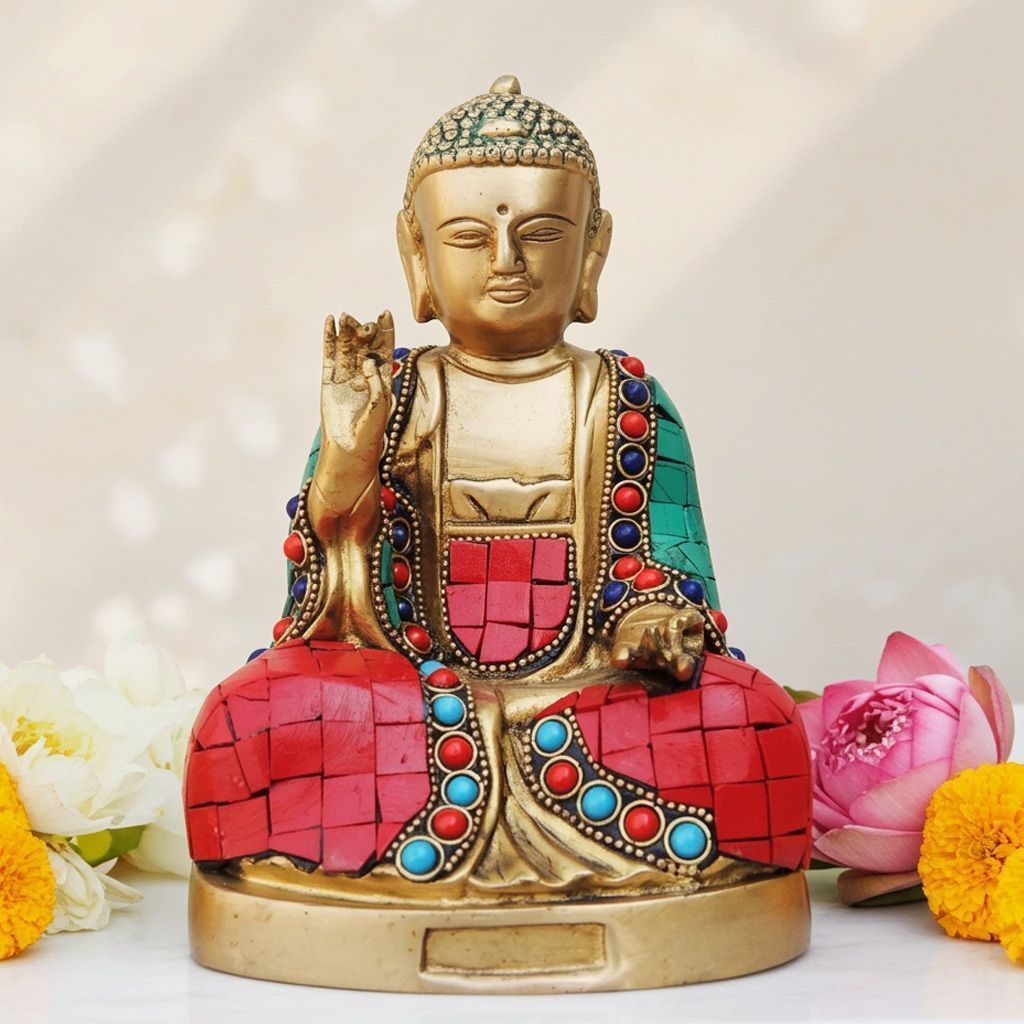 Brass Buddha Stone Statue with Turquoise Coral Finish - Premium Showpiece, Height : 7.2 Inch (BSMAS948 B)
