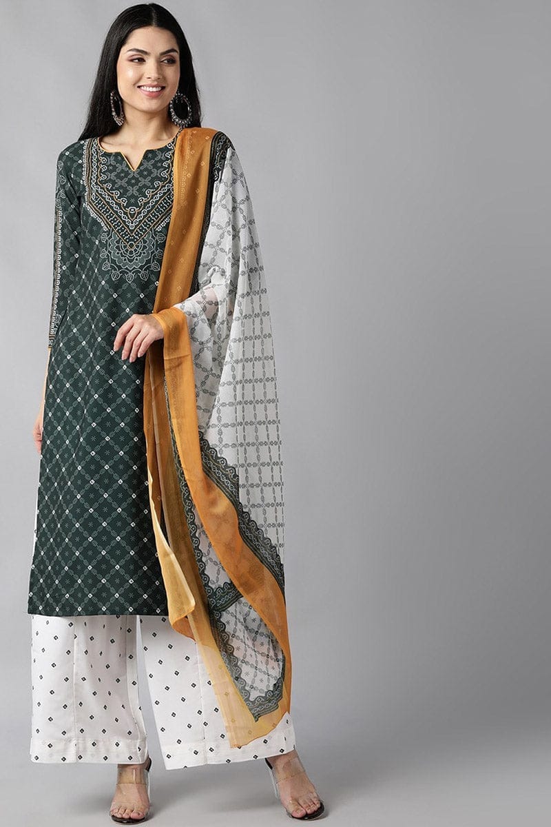 Bottle Green Polyester Straight Kurta Palazzo With Dupatta PKSKD1073