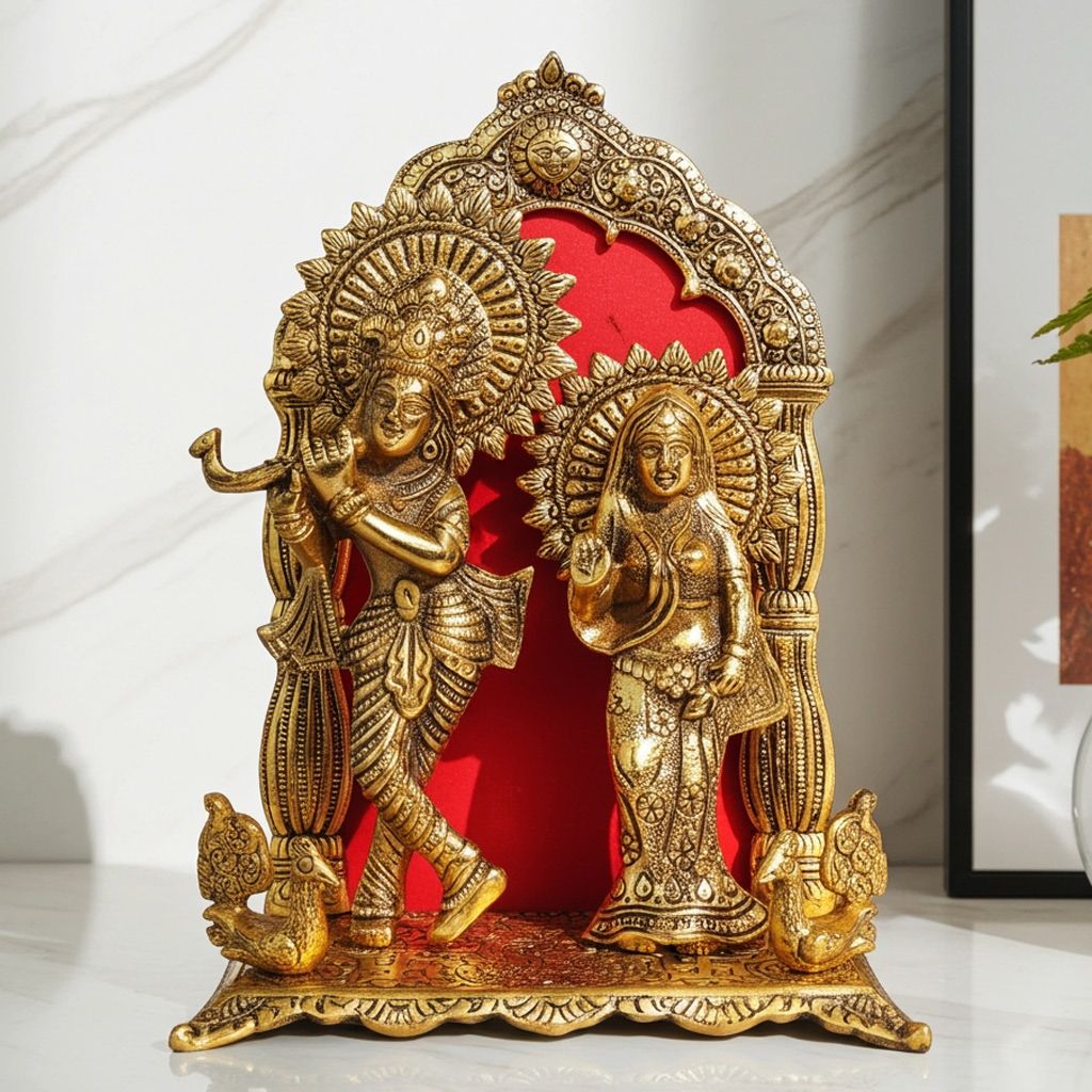 Aluminium Radha Krishna Idol With Umbrella ? Decorative God Statue, Height : 11.7 Inch (ASMAS360 G)