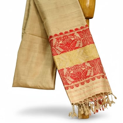 Assamese Muga Silk Saree with Red Border