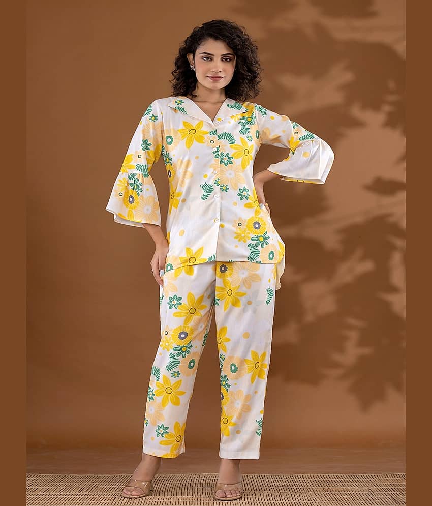 Flamboyant Women Printed Shirt With Trousers Co-Ord Set ( Yellow )