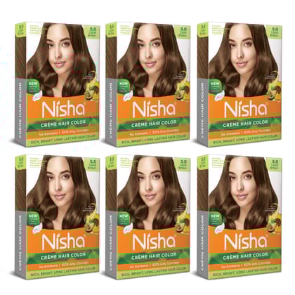 Nisha Creme Hair Color Light Brown 40gm Pack of 6, Permanent Hair Color for Women Men, No Ammonia, 100% Grey Coverage